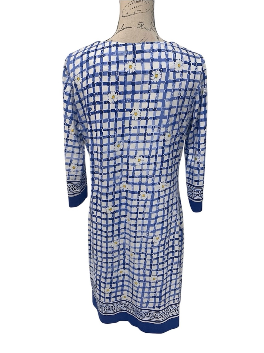 Barbara Erickson Blue Gingham Daisy Print Knit Dress Size Medium Coastal Chic - Picture 6 of 13